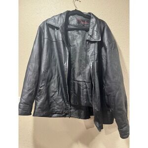 Phase Two Mens Black Leather Full Zip Jacket Large Quilted Lining Pointed Collar